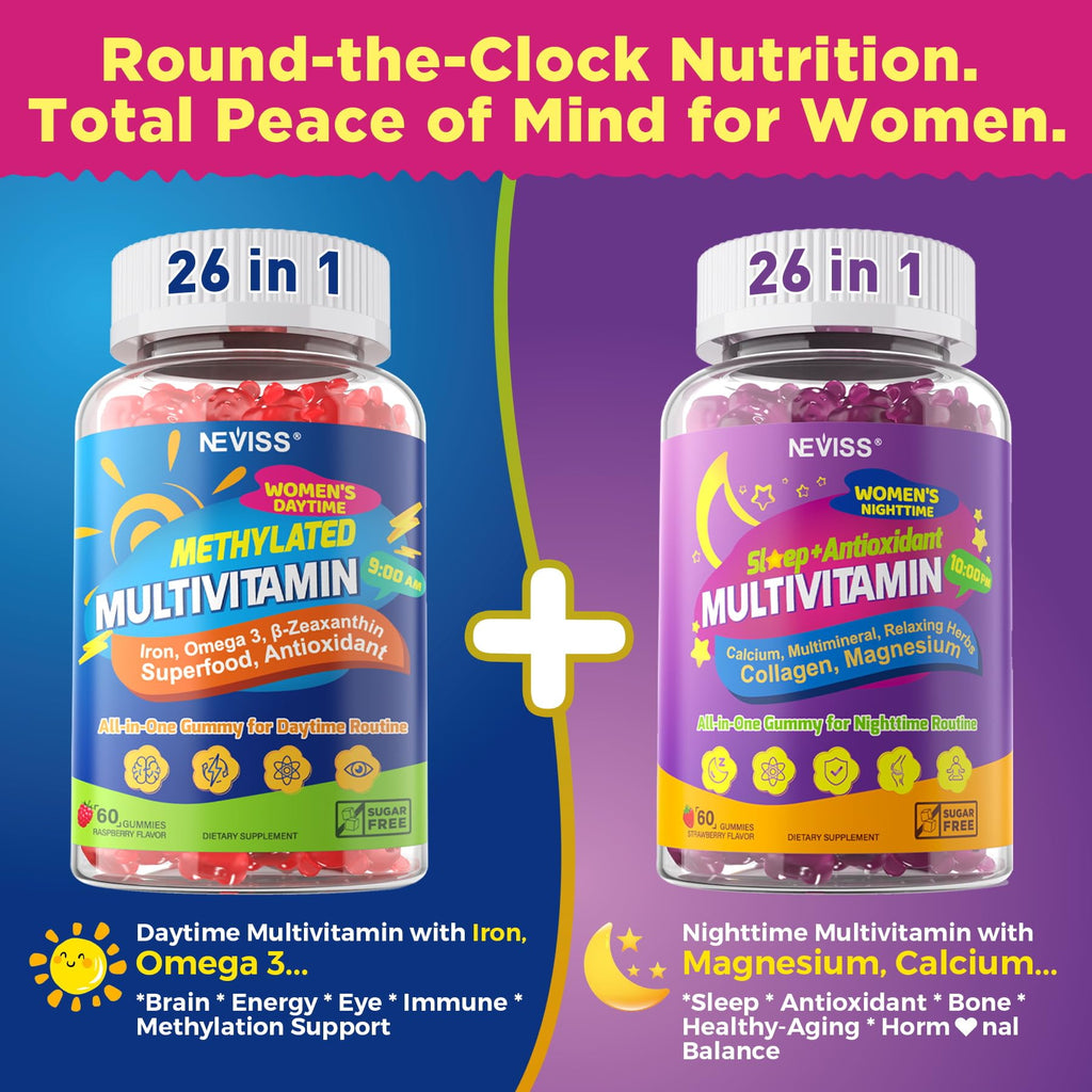 NEVISS 52-in-1 Methylated Multivitamin for Women Gummies with Iron, Omega-3, B6 B9 B12 for Day | Magnesium Glycinate, Calcium, Collagen for Night Renewal/Sleep, Womens 18 30 40 50 60 70+ AM PM Daily