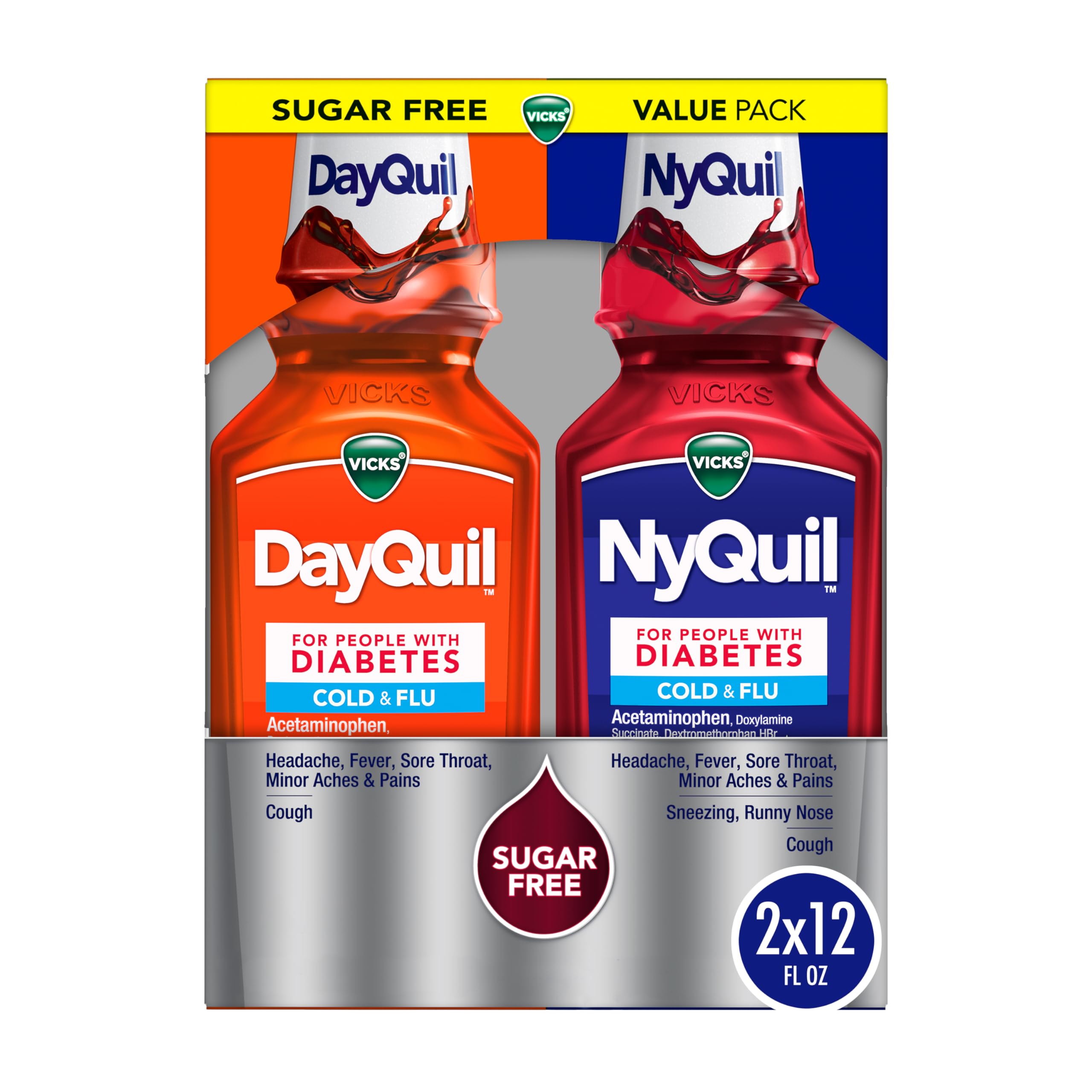 Buy now VICKS DayQuil & NyQuil Diabetes Cold & Flu Relief Medicine Co-Pack, Powerful Multi-Symptom Daytime & Nighttime Relief for Cold, Cough, and Flu Symptoms, Sugar & Alcohol Free, 2 x 12 FL OZ Bottles at indiglob india