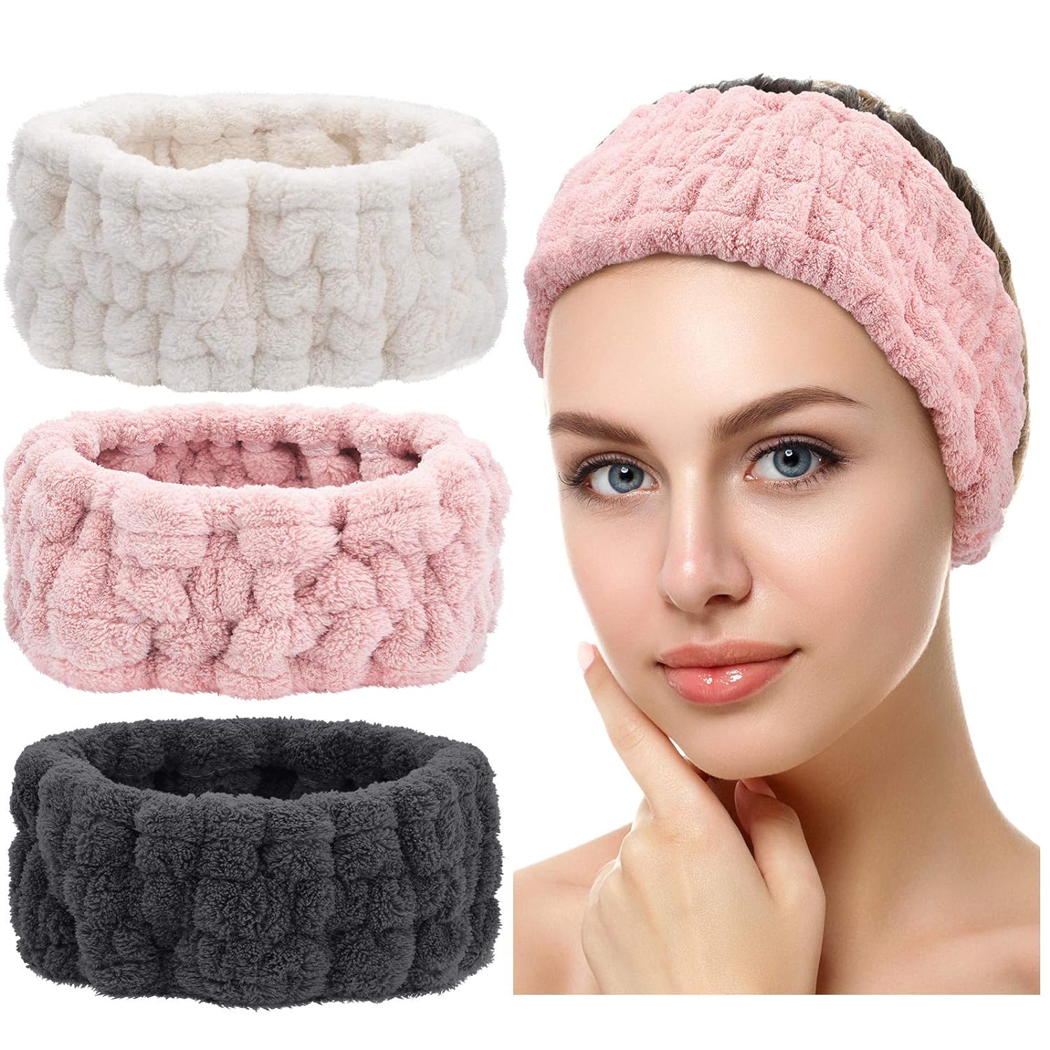 Buy now Chuangdi 3 Pieces Spa Headband for Women Facial Makeup Headband Soft Terry Cloth Hairband for Washing Face Mask Spa Shower Gifts(Dark Pink, Dark Blue, Milky-White) Pink, Milky-White, Dark Grey at indiglob india