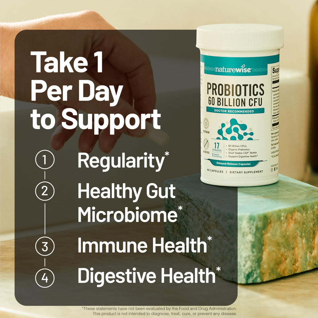 NatureWise Probiotics 60 Billion CFU - 17 Strains + Organic Prebiotics - Immune, Digestive & Gut Health Support for Women & Men - Vegetarian, Gluten-Free, Non-GMO - 60 Capsules[2-Month Supply]