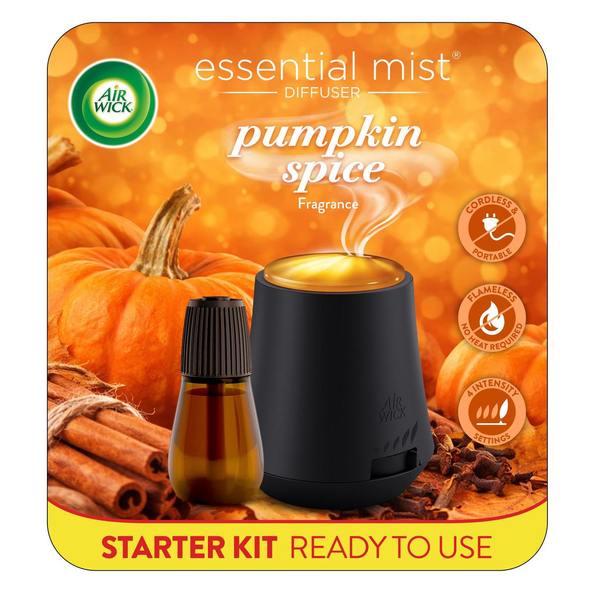 Air Wick Essential Mist Diffuser +Refill Kit, Pumpkin Spice,Fall Scent 2ct