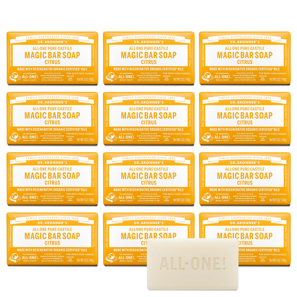 Dr. Bronner's Pure-Castile Magic Soap Bar (Citrus, 5 oz, 6-Pack)- Bath Soap with Regenerative Organic Certified Oils - For Face, Body & Hair - Gentle, Vegan - Bars for Men & Women