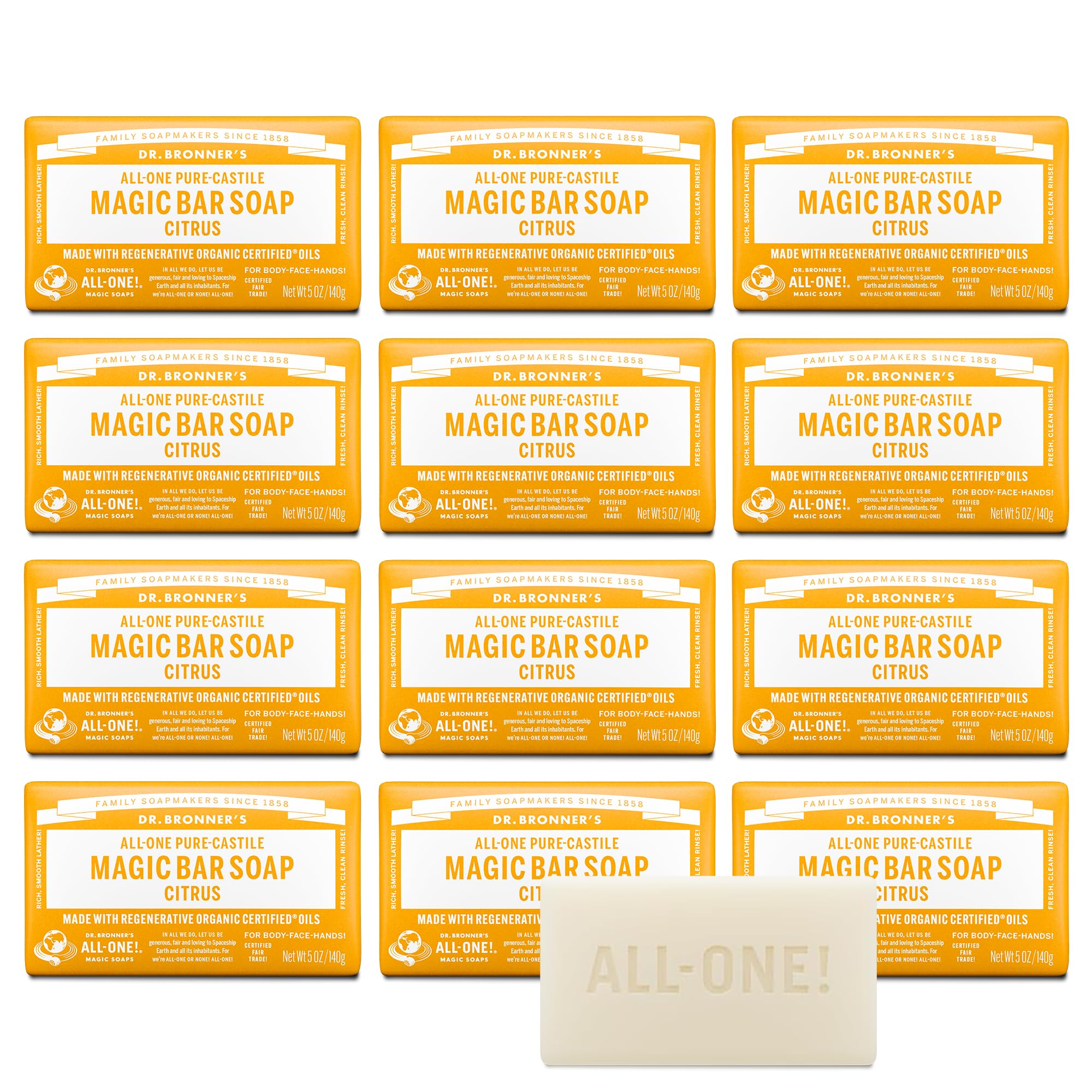 Dr. Bronner's Pure-Castile Magic Soap Bar (Citrus, 5 oz, 6-Pack)- Bath Soap with Regenerative Organic Certified Oils - For Face, Body & Hair - Gentle, Vegan - Bars for Men & Women