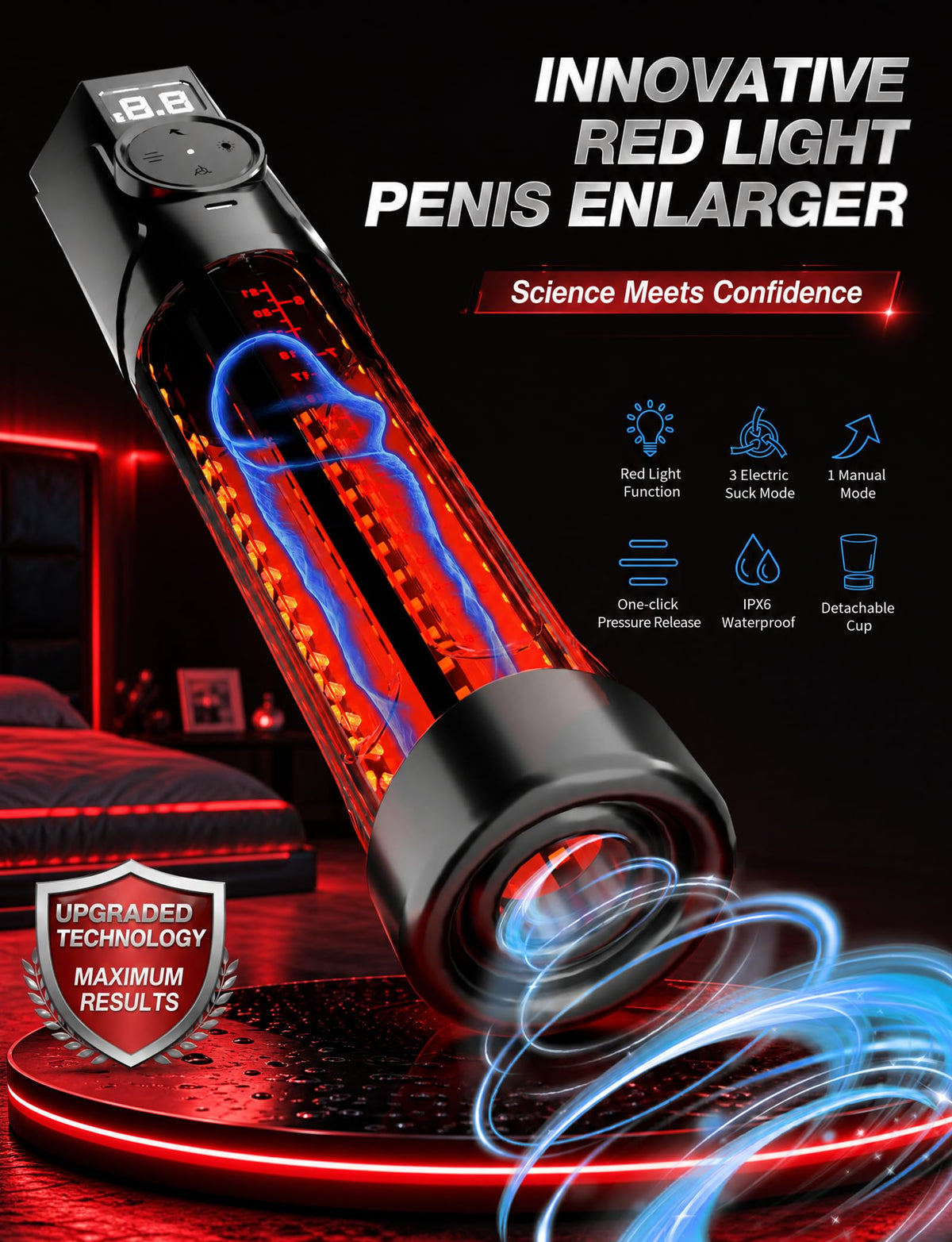Electric Red Light Vacuum Penis Pump Enlarge Training Upgraded 72 LEDs