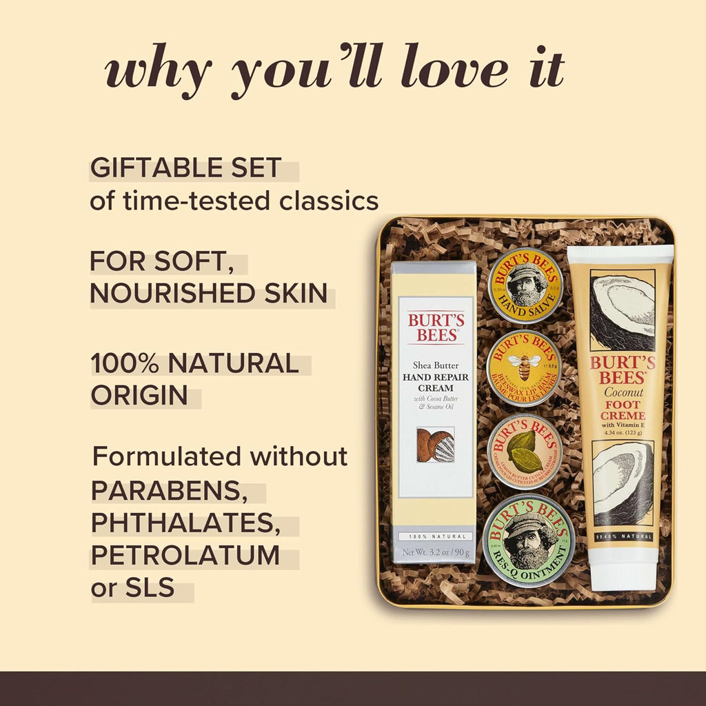 Buy now Burt's Bees Gifts Ideas - Classics Set, 6 Products in Giftable Tin â€“ Cuticle Cream, Hand Salve, Lip Balm, Res-Q Ointment, Hand Repair and Foot Cream at indiglob india
