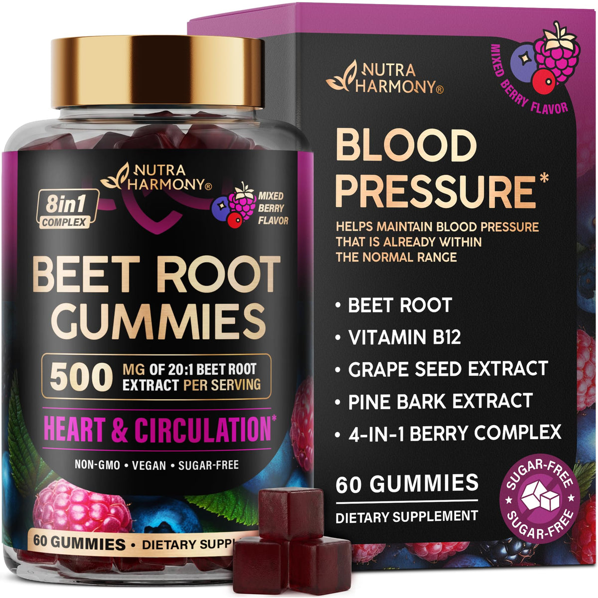 Beet Root Gummies 500mg - Blood Pressure Supplement - Sugar-Free, 60pcs