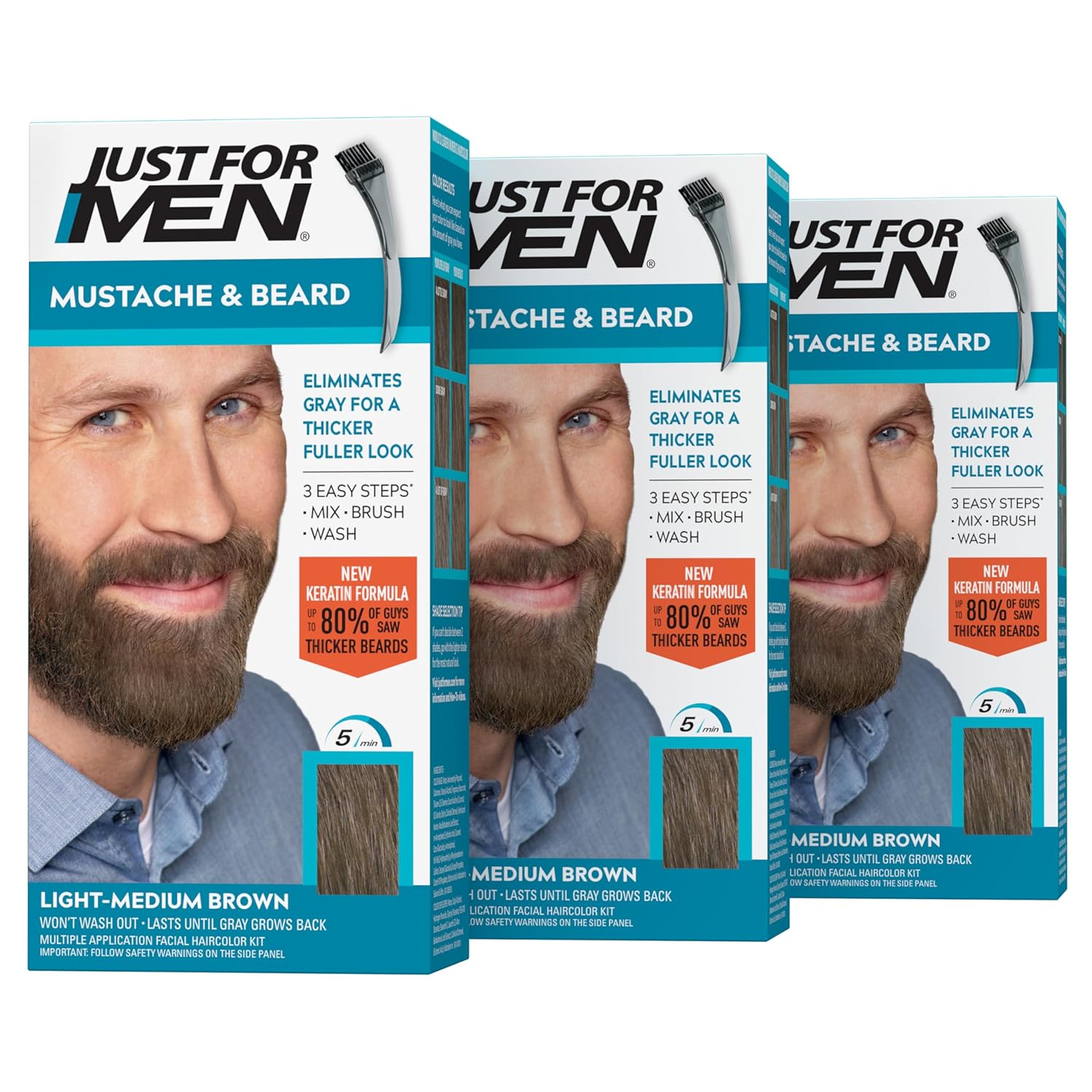 Buy now Just For Men Mustache & Beard, Beard Coloring for Gray Hair with Brush, with Keratin Biotin Aloe and Coconut Oil for Healthy Facial Hair - Medium-Dark Brown, M-40, Pack of 3 (Packaging May Vary) 1 Count (Pack of 3) Light-Medium Brown M-30 at indiglob india