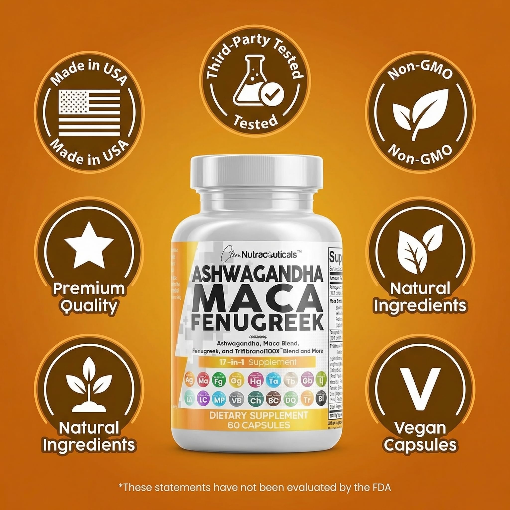 Clean Nutraceuticals Ashwagandha Maca Root Fenugreek Supplement with Tongkat Ali Ginseng - Assists with Stress, Mood & Thyroid - Ashwagandha Capsules Fenugreek Caps