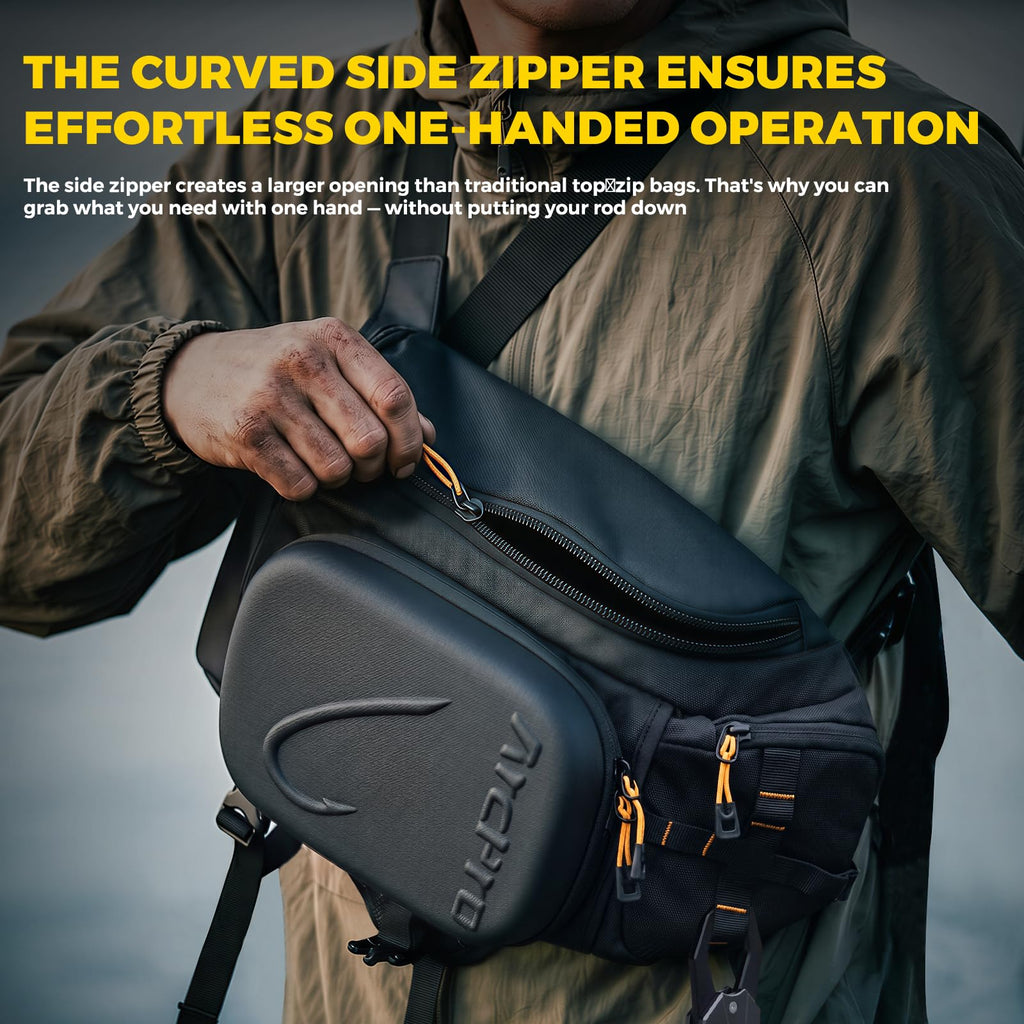 Fishing Sling Pack, EVA Hardshell with Foldable Workstation, Water-Resistant Convertible Front/Back Tackle Bag for 2×3600 Trays, Saltwater Freshwater Crossbody