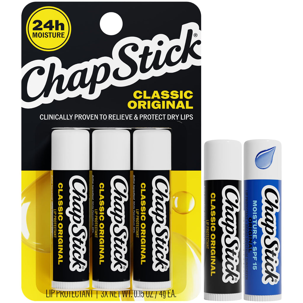 ChapStick Moisture + SPF 15 Lip Balm Sunscreen Variety 5-Pack, 0.15 Oz Ea | Variety 3-Pack (1 Original, 1 Cool Mint, and 1 Black Cherry) + 2 Original Moisture Lip Moisturizers with Sun Protection