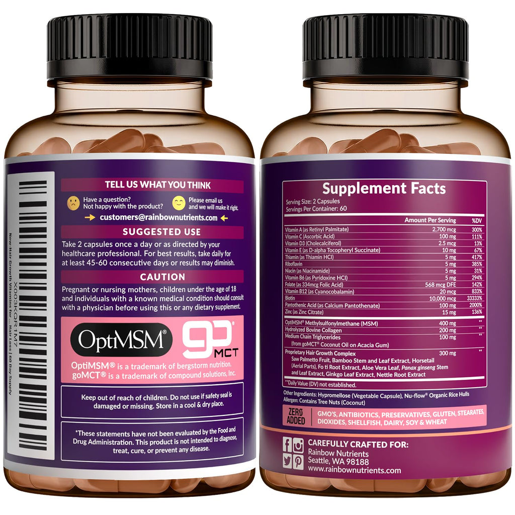 Hair Growth Vitamins for Women | Biotin 10,000mcg, Collagen, Patented OptiMSM®, goMCT®, Saw Palmetto | Naturally Supports Stronger & Healthier Hair, Skin and Nails |Non GMO + Made in USA|60 Day Supply