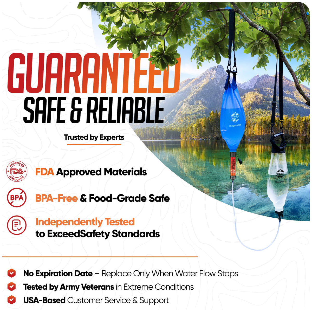 Gravity Water Filtration System – 2 High Capacity Lightweight Hanging Bags for Backpacking, Camping, Survival, Hiking, Hunting - Dirty, Clean Water Bags, Water Filter and Cleaning Plunger Included