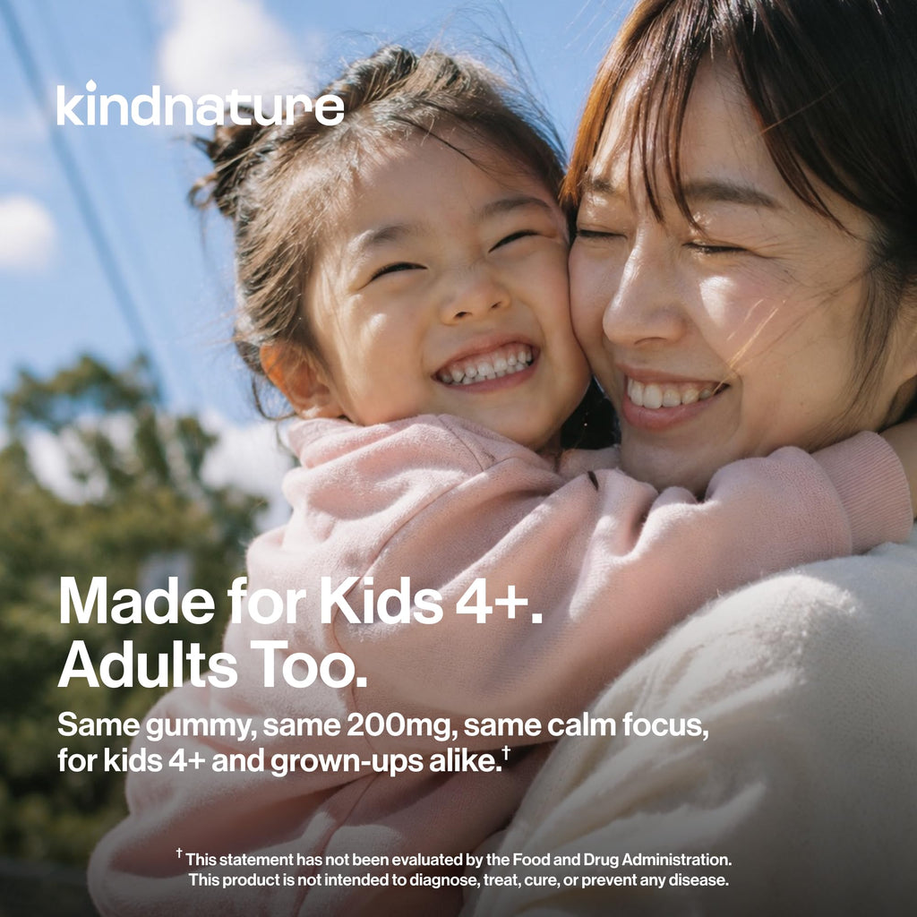 kindnature L-Theanine 200mg Gummies for Kids 4+ & Adults – Pure Single-Ingredient Calm & Focus Chewables – Clinical Dose, Non-Drowsy Relaxation – Vegan, Mixed Berry – 60 Ct