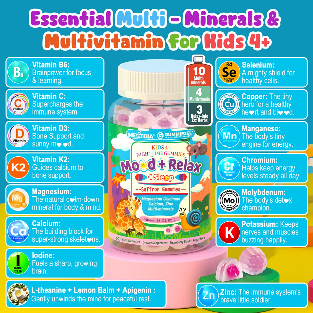 Kids 4+ Magnesium + Saffron Sleep Gummies, Relax Happy Filled Gummy, Bedtime Calcium Zinc, Mineral + Multivitamin Gummies, Melatonin Free | Vitamin D3 K2 | Bone, Only Need 1 Gummy - Sweet Dream Magic