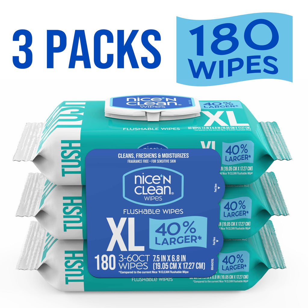 Nice 'N CLEAN Extra Large Flushable Wipes | 40% Larger Wipes | 6.8" x 7.5" Unscented XL Adult Wet Wipes | Septic and Sewer Safe | Fragrance Free, Hypoallergenic, Plant Based | 180 Butt Wipes