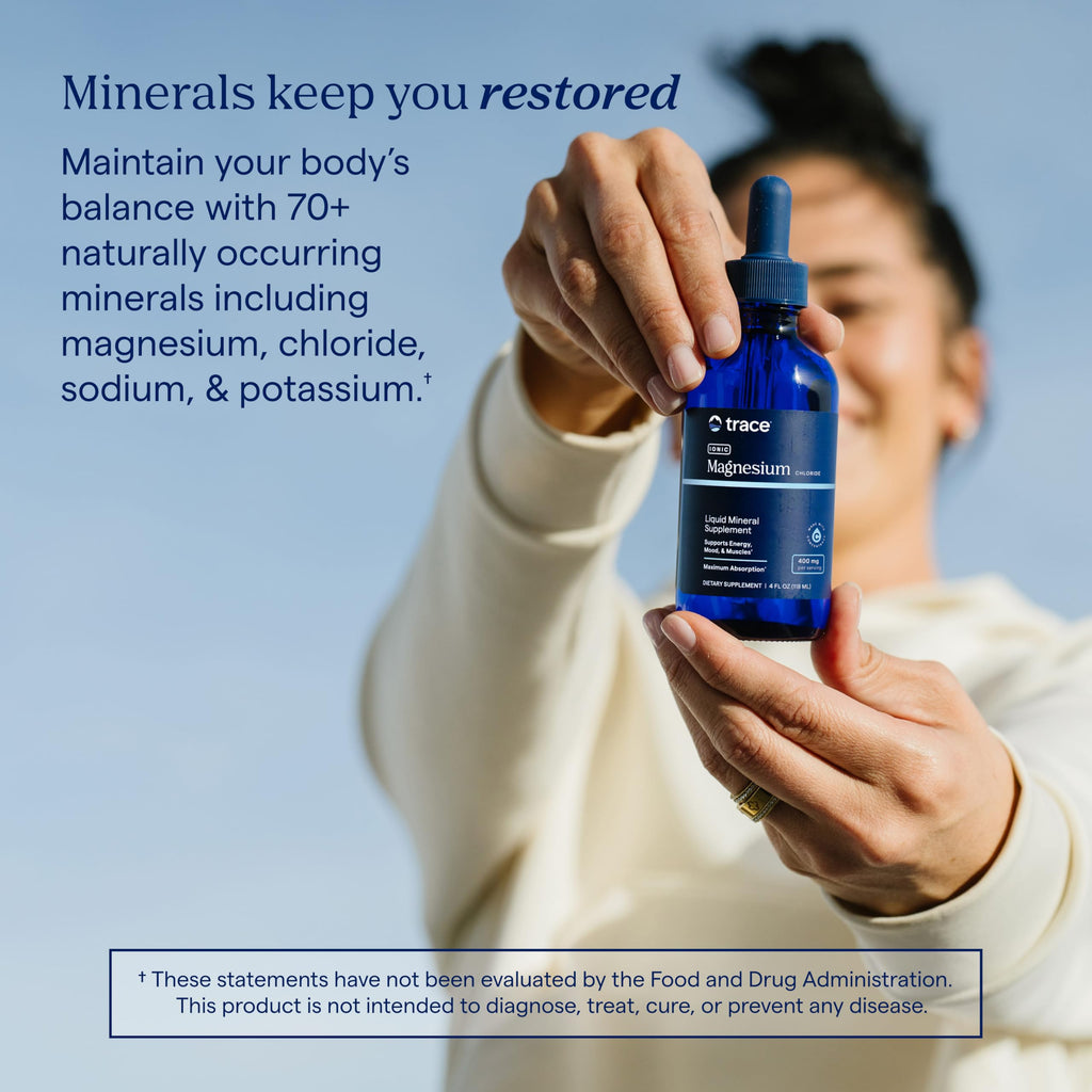 Trace Minerals Liquid Ionic Magnesium, 400 mg, 4 fl oz | Ionic magnesium chloride with high bioavailability. Supports 300 biochemical reactions and calm muscles. 30 servings.