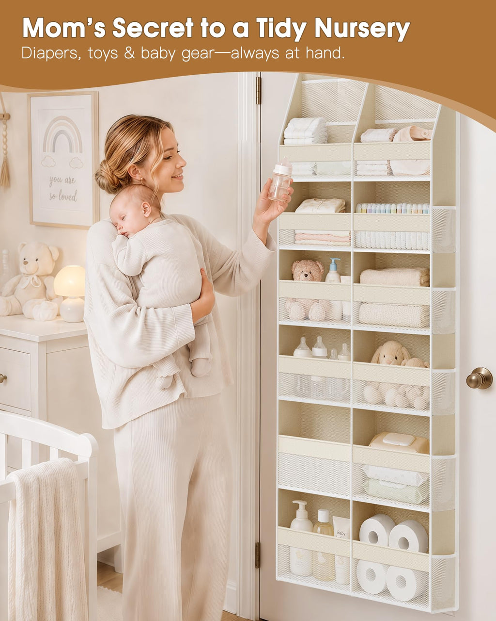 Criusia Over the Door Organizer, Extra Large 12 Compartments Closet Hanging Storage with 14 Mesh Pockets, 85lbs Capacity Behind the Door Storage for Baby Nursery, Bathroom, Bedroom, and Dorm, Beige