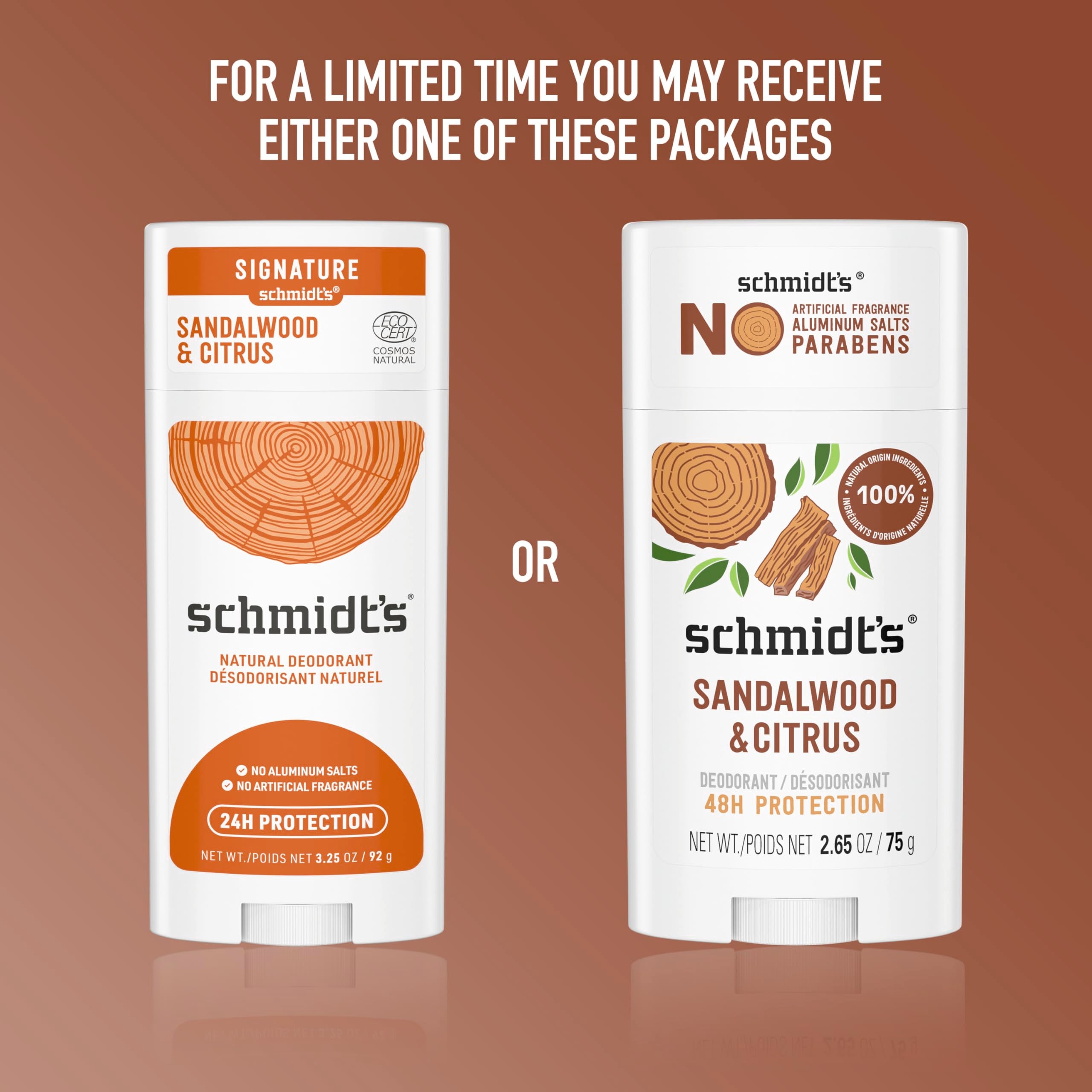 Schmidt's Aluminum Free Natural Deodorant Sandalwood & Citrus 2.65 oz 2 ct | 24 Hour Odor Protection for Women and Men. With Natural Ingredients. Cruelty-Free