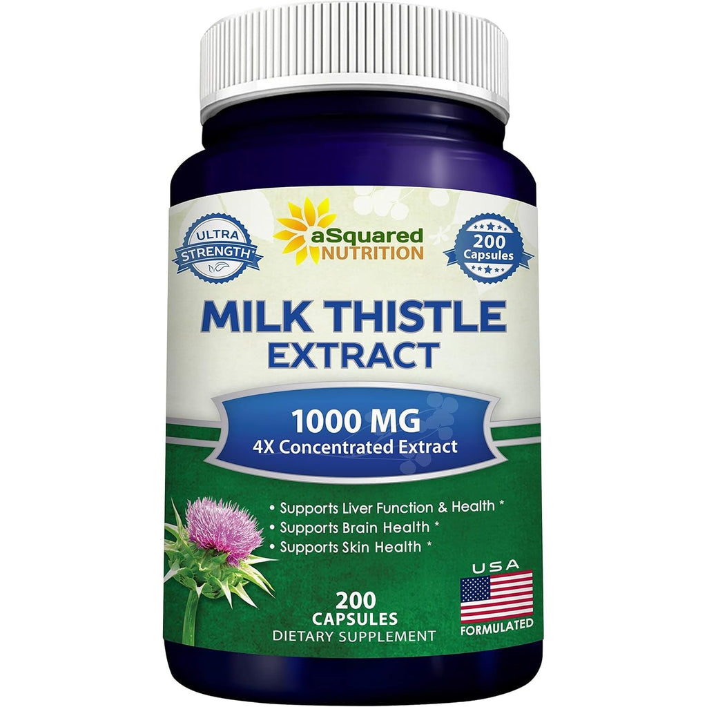 Buy now aSquared Nutrition Milk Thistle Supplement 1000mg-200 Capsules,Max Strength 4X Concentrated Extract 4:1 Milk Thistle Seed Powder Herb Pills, 1000 mg Silymarin Extract for Liver Support, Cleanse, Detox at indiglob india