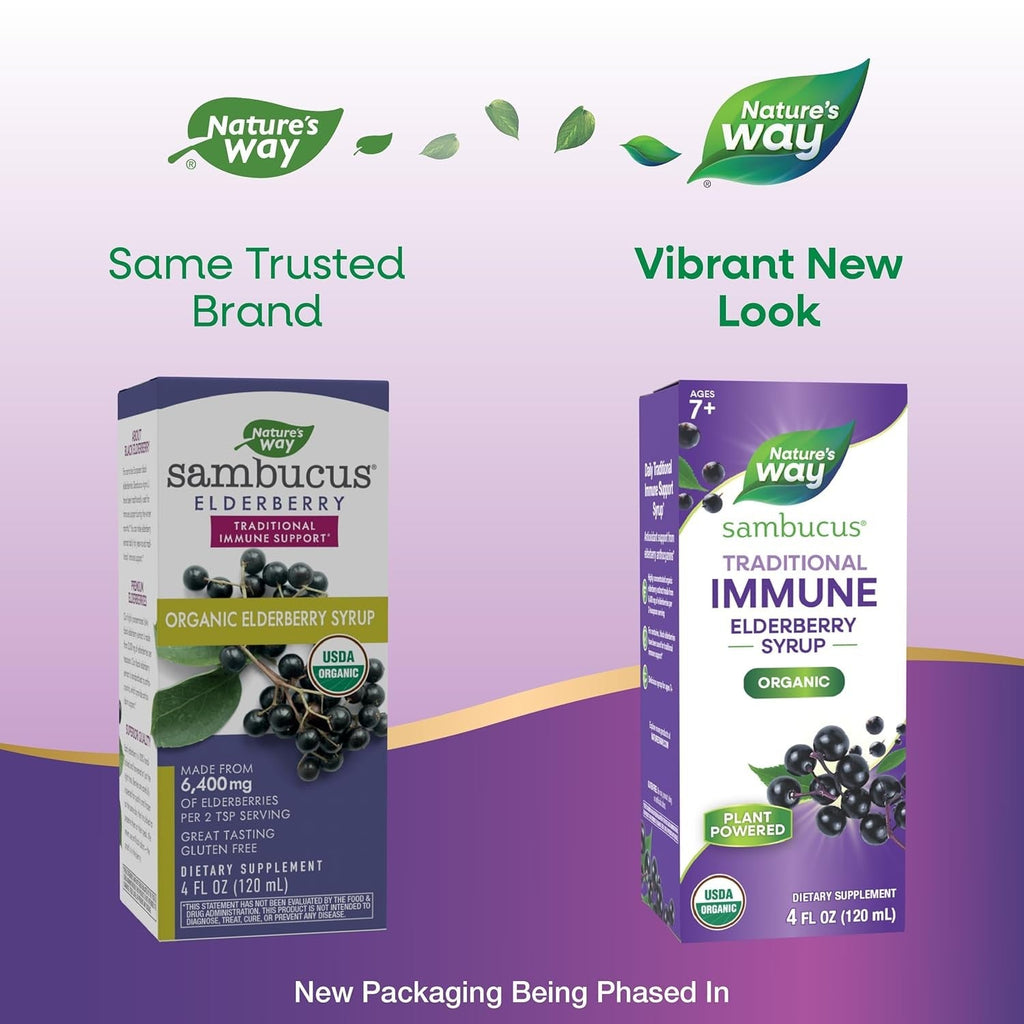 Buy now Nature's Way Sambucus Traditional Immune Elderberry Syrup for Ages 7+, Traditional Immune & Antioxidant Support*, Organic Black Elderberry Extract, USDA Certified Organic, 4 Fl Oz (Packaging May Vary) at indiglob india