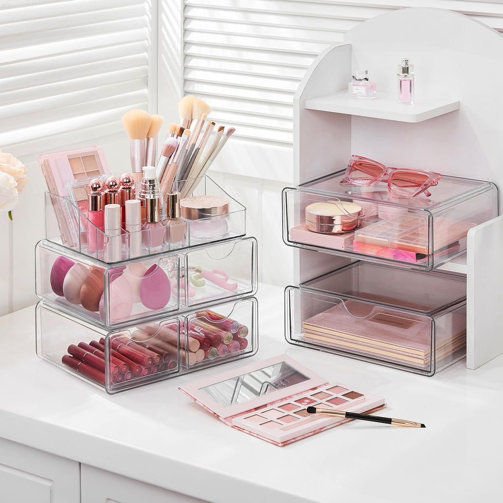 Vtopmart 5 Tier Clear Makeup Organizer with 6 Drawers | Smart Storage Layout, Clear for Better Visibility, Stackable, Large Capacity, for Makeup Lipstick Brush Skincare