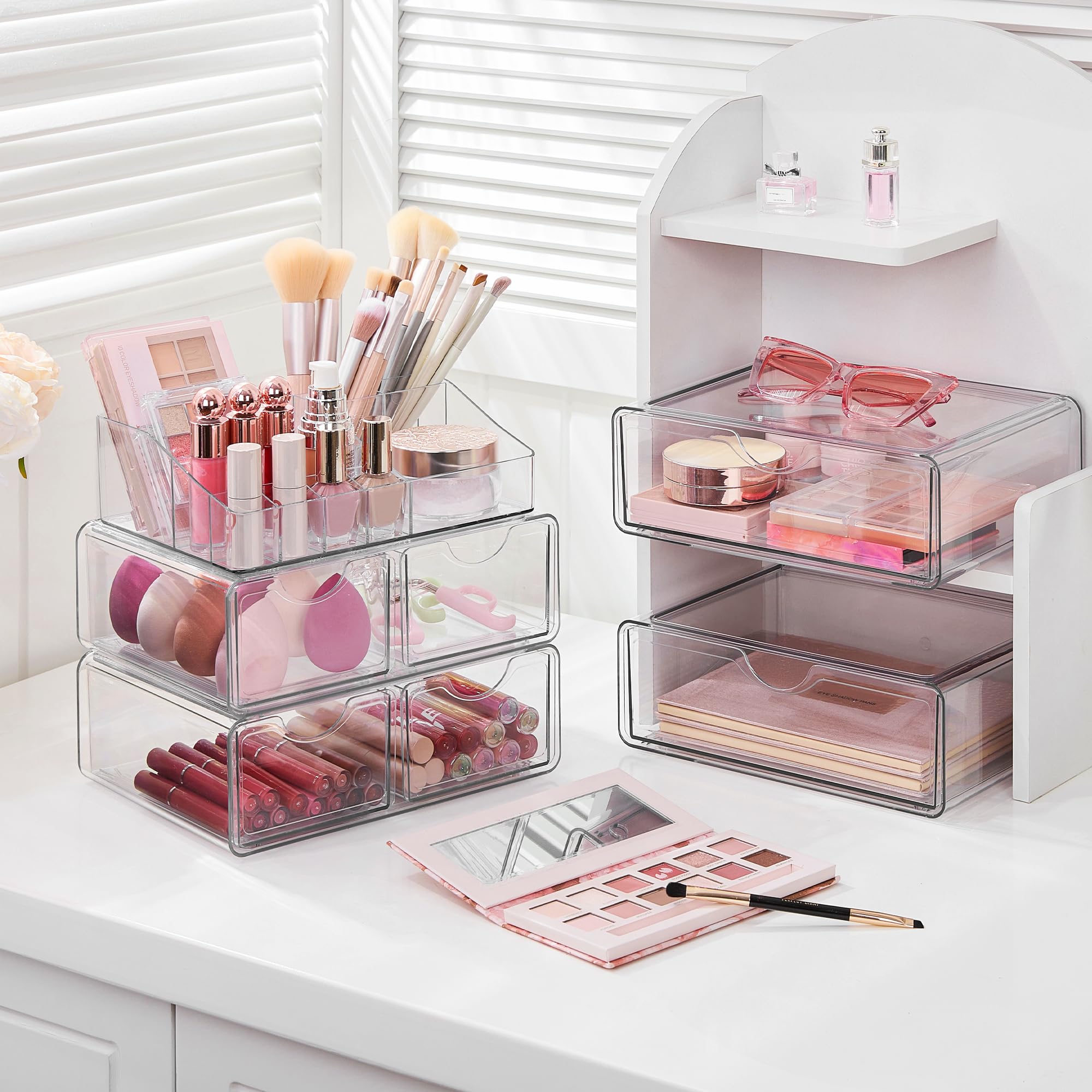 Vtopmart 5 Tier Clear Makeup Organizer with 6 Drawers | Smart Storage Layout, Clear for Better Visibility, Stackable, Large Capacity, for Makeup Lipstick Brush Skincare