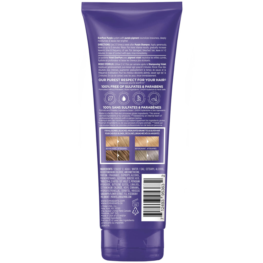 L’Oreal Paris Sulfate Free Brass Toning Purple Conditioner for Blonde, Bleached, Silver, or Brown Highlighted Hair, EverPure, 6.8 Fl Oz (Packaging May Vary)