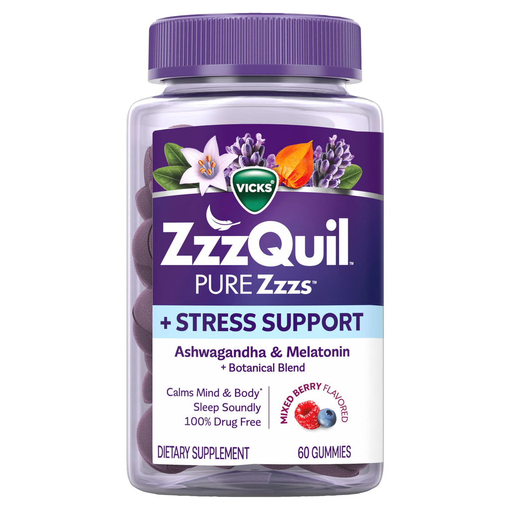 ZzzQuil PURE Zzzs De-Stress 2mg Melatonin Gummies, , Sleep Aids for Adults, Ashwagandha for Stress Support, 60 Gummies