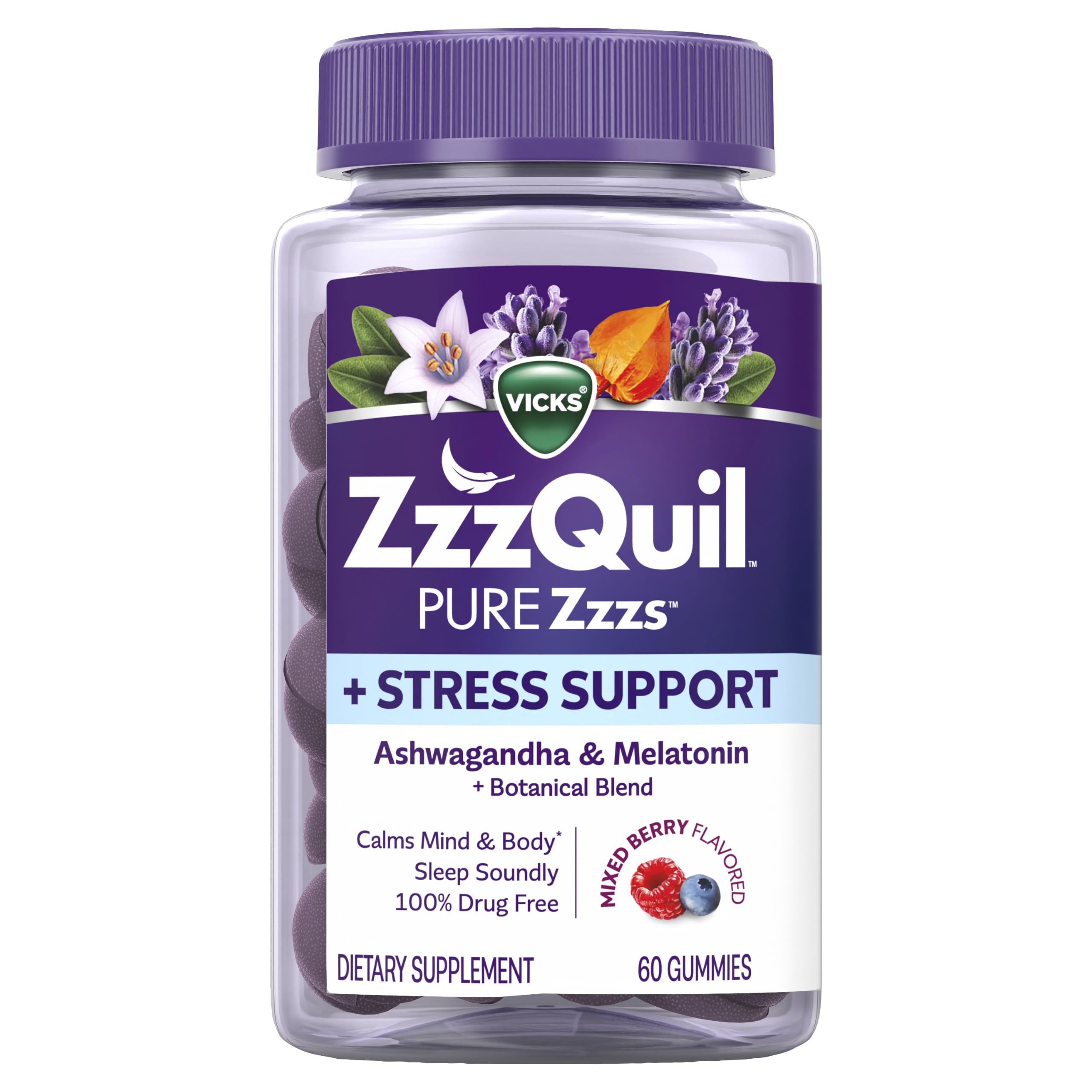 ZzzQuil PURE Zzzs De-Stress 2mg Melatonin Gummies, , Sleep Aids for Adults, Ashwagandha for Stress Support, 60 Gummies