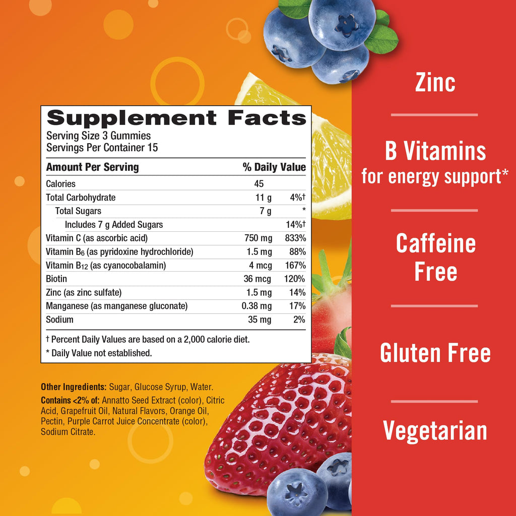 Emergen-C Vitamin C 750mg Immune Support Gummies, Mixed Fruit, 45 Gummies | B Vitamins for Energy, Gluten Free, Vegetarian, No Artificial Sweeteners, Chewable Gummies
