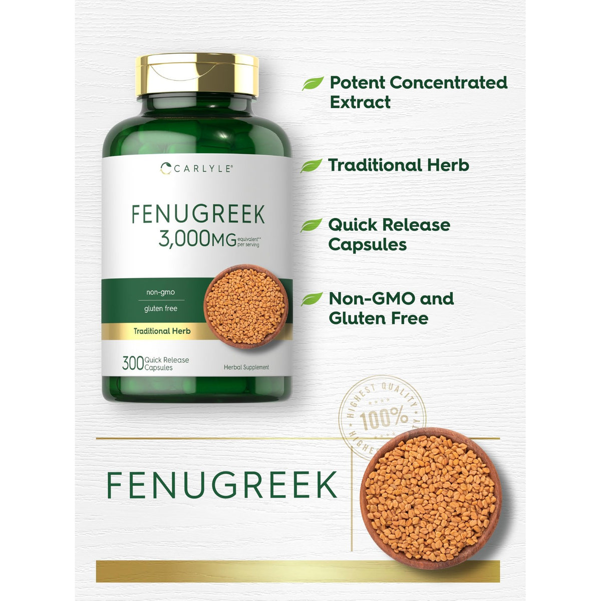 Carlyle Fenugreek Capsules | 300 Count | Non-GMO & Gluten Free Extract