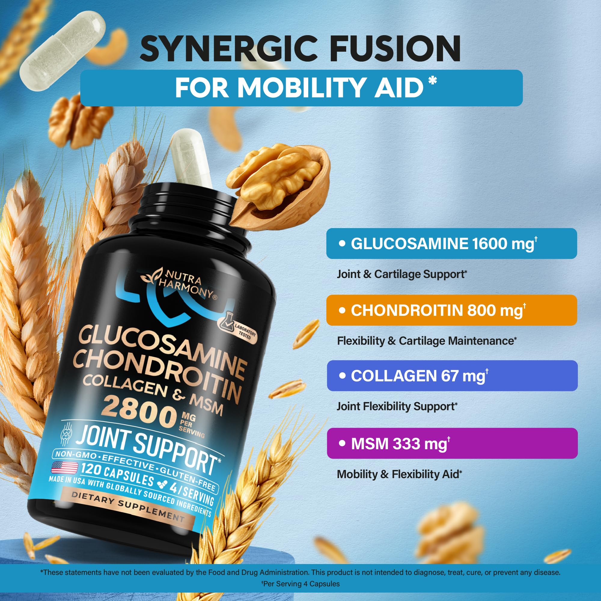 Glucosamine Chondroitin MSM Collagen - Joint Supplements 2800 mg - 120 Caps