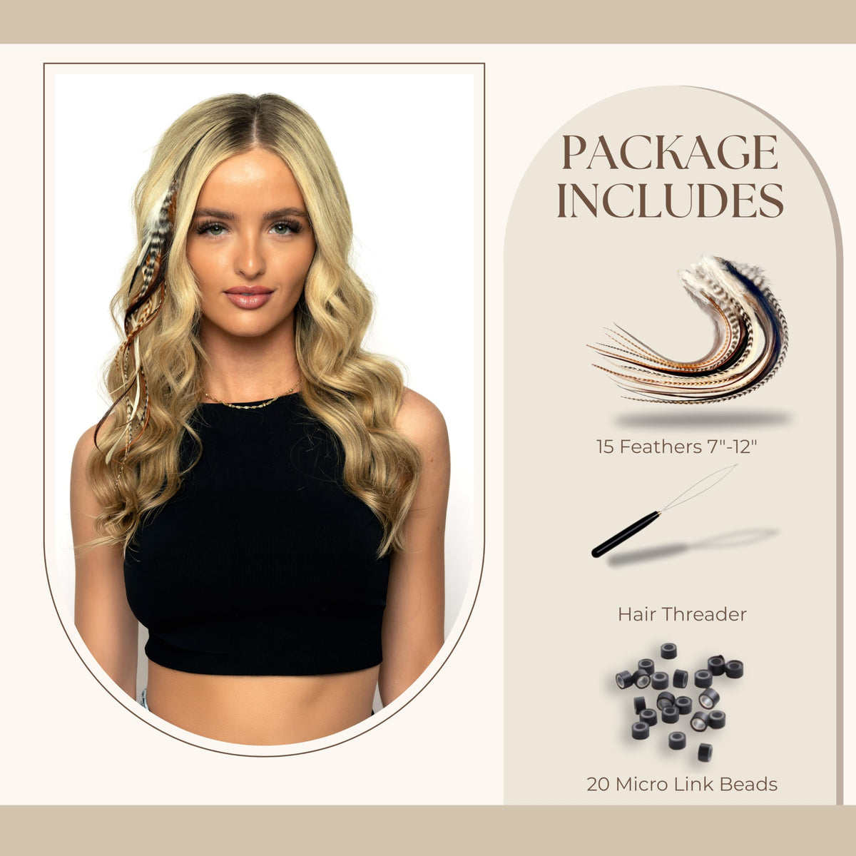 21 natural color hair extensions, 9-14 inches, featuring 15 feathers and accessories for stylish looks.