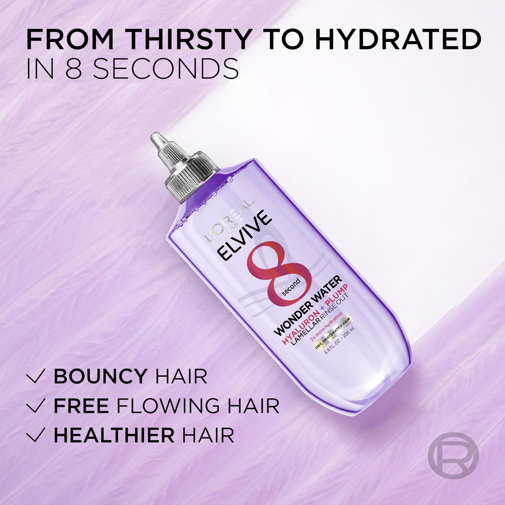 L'Oreal Paris Elvive Hyaluron Plump Flash Hydration Wonder Water Hair Rinse, 8 Second Hydrating Hair Care Treatment for Soft, Shiny Hair, 6.8 Fl Oz