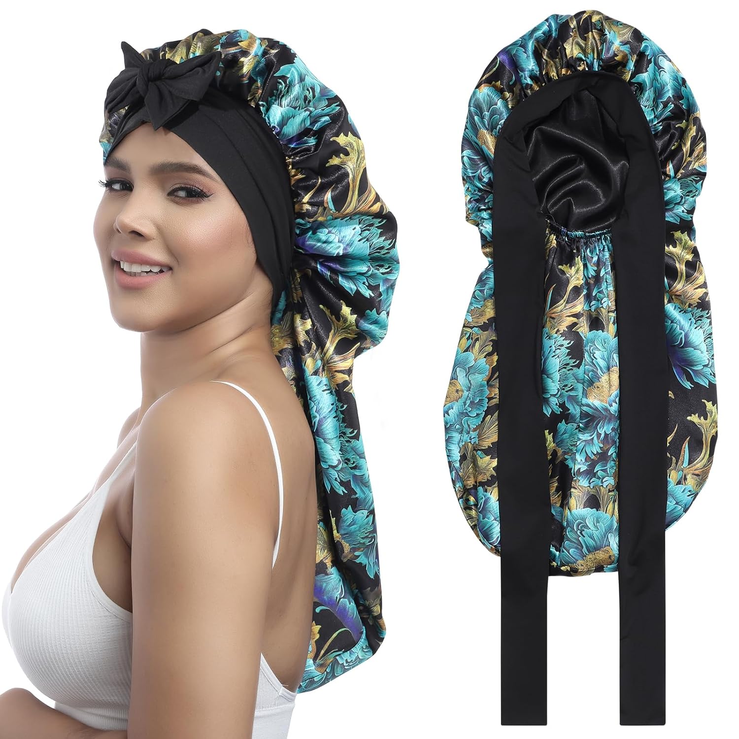 Buy now AWAYTR Long Satin Bonnet for Women - Double Layer Elastic Silk Bonnet for Braids Hair Sleeping Cap with Tie Band (Rose Gold) One Size Print+black at indiglob india