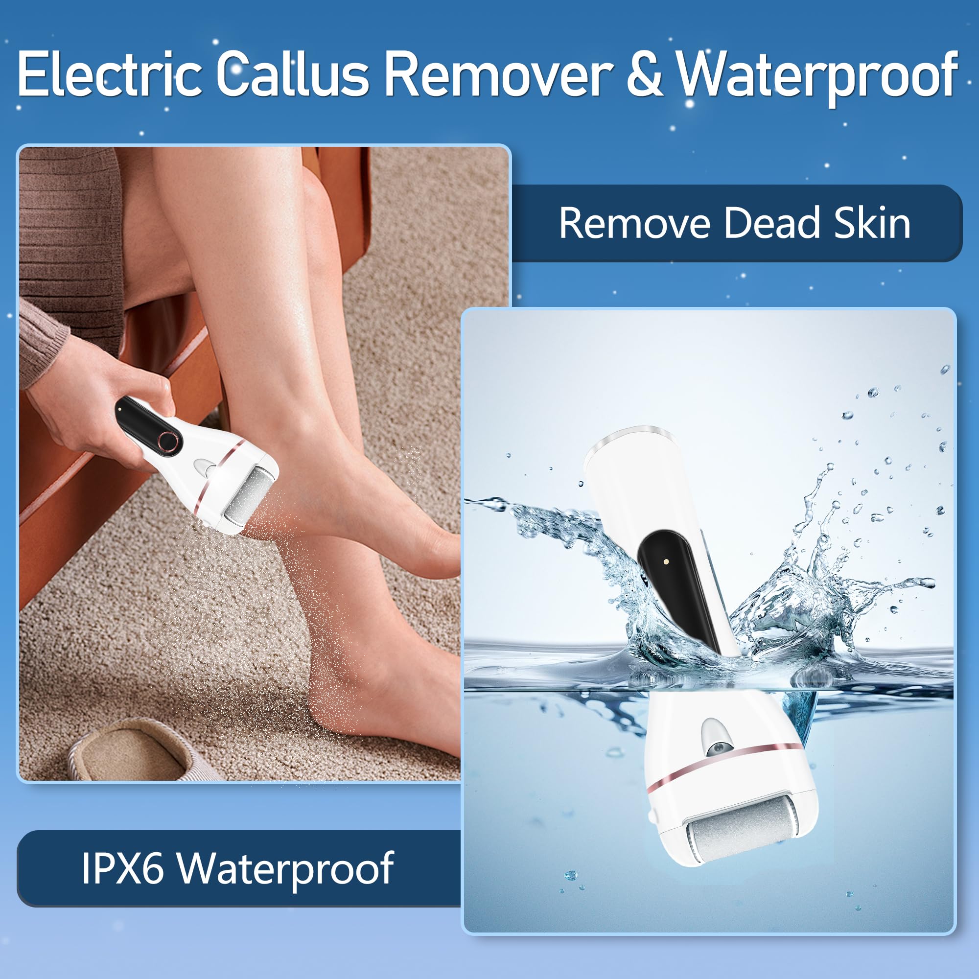 Callus Remover for Feet, Electric Foot Callus Remover Waterproof with 3 Rollers 2 Speed Battery Display,17 in1 Rechargeable Foot File Pedicure Kits for Dead Hard Cracked Dry Skin（White