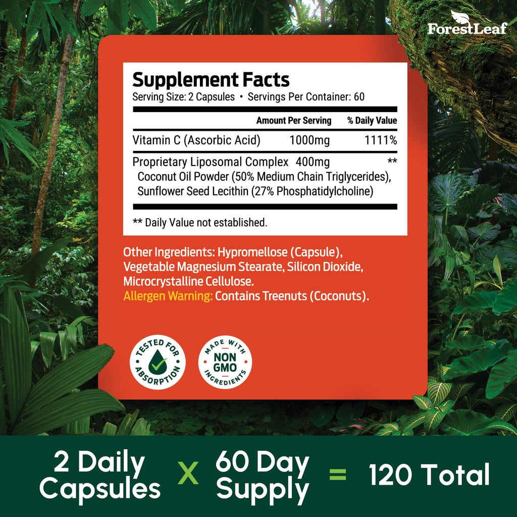 ForestLeaf Liposomal Vitamin C 1400mg Capsules | High Dose Vitamin C Liposomal Supplement w Coconut Oil Fatty Acids | Fast Absorption | Immune Support, Antioxidant, Collagen Production | 120 Vegan Cap