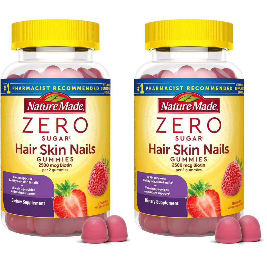 Nature Made Zero Sugar Hair Skin Nails Gummies, 120 Sugar Free Gummies | Biotin 2500 mcg per Serving, Support Healthy Hair, Skin and Nails, Strawberry Flavor, 60 Day Supply