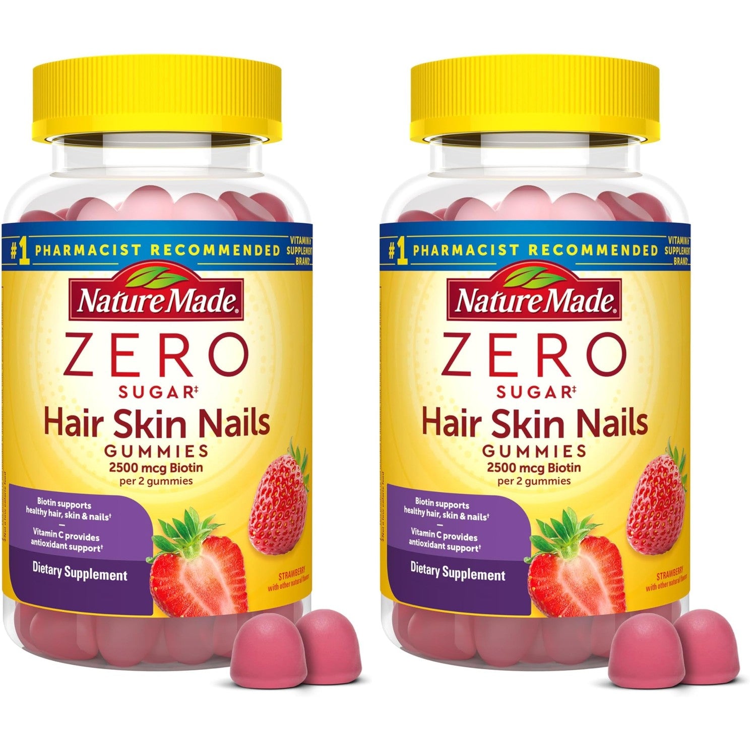 Nature Made Zero Sugar Hair Skin Nails Gummies, 120 Sugar Free Gummies | Biotin 2500 mcg per Serving, Support Healthy Hair, Skin and Nails, Strawberry Flavor, 60 Day Supply