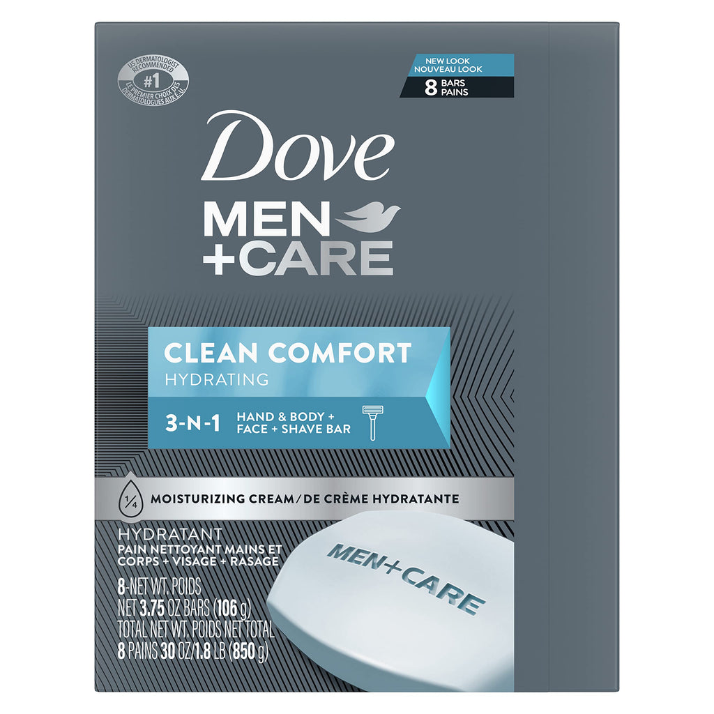 Dove Men Body and Face Bar To Clean and Hydrate Skin 8 Bars 3.75 oz | To Clean and Hydrate Skin Clean Comfort Body and Facial Cleanser More Moisturizing Than Bar Soap
