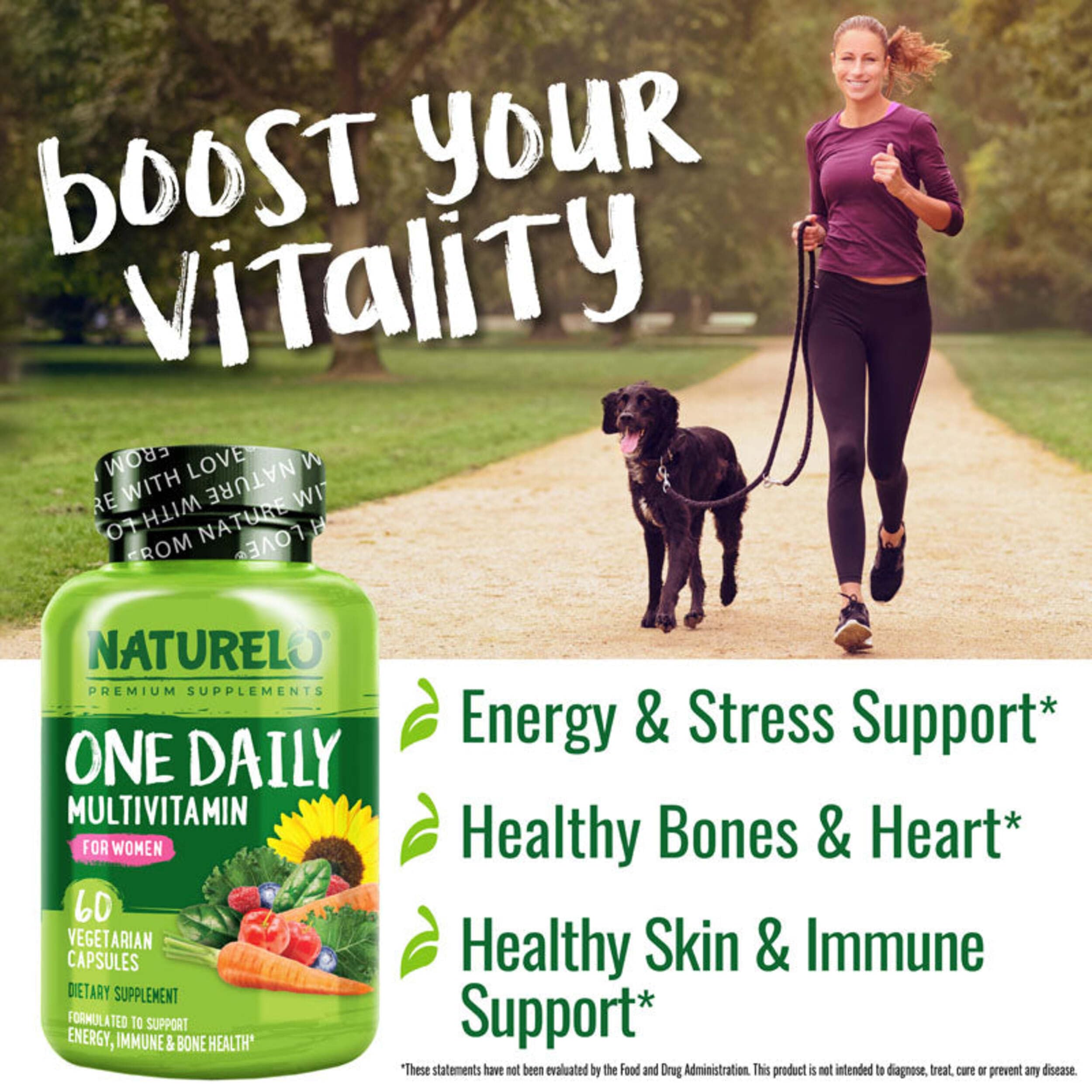 NATURELO One Daily Multivitamin for Women w/Vitamin B12, 60 Count | Energy Support, Whole Food Daily Women Multivitamin Supplement, Nourish Hair/Skin/Nail, Non-GMO, No Soy, Gluten Free