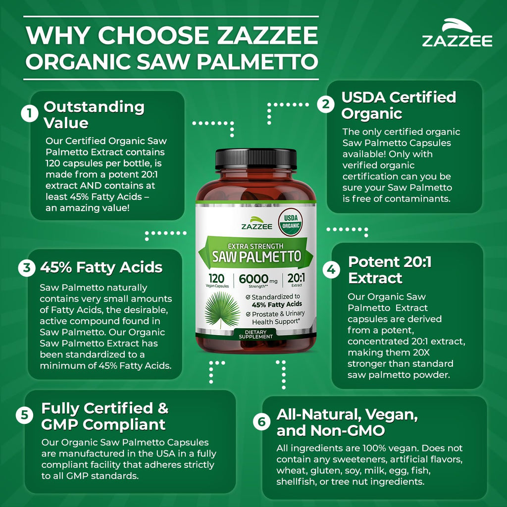 Zazzee USDA Organic Saw Palmetto 20:1 Extract, 40% Fatty Acids, Vegan
