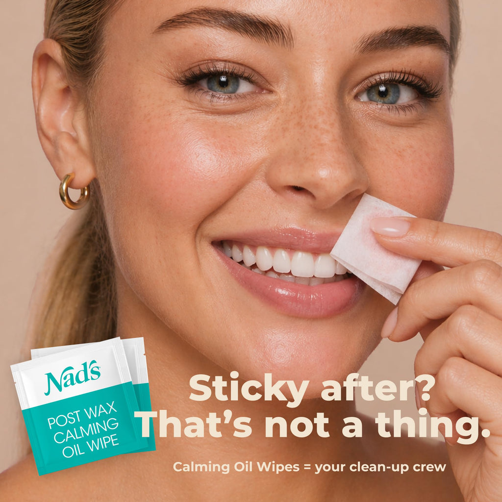 Nad's Facial Wax Strips - Hypoallergenic All Skin Types - Facial Hair Removal For Women - At Home Waxing Kit with 20 Face Wax Strips + 4 Calming Oil Wipes + Skin Protection Powder