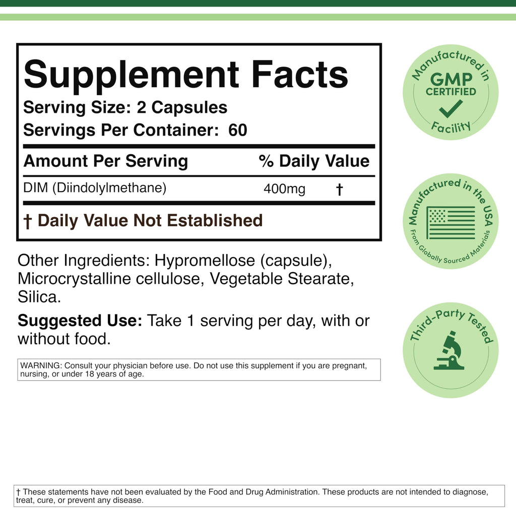 DIM Supplement 400mg, Estrogen Balance & Clear Skin, Women & Men, 120 Ct | Supports Estrogen Metabolism & Hormone Balance, Clear Skin, Everyday Energy, Third-Party Tested