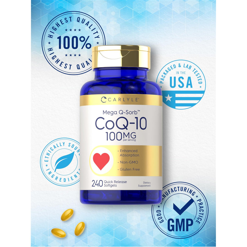 Carlyle CoQ10 100mg Softgels | 240 Count | Mega Q-Sorb Coenzyme Q-10