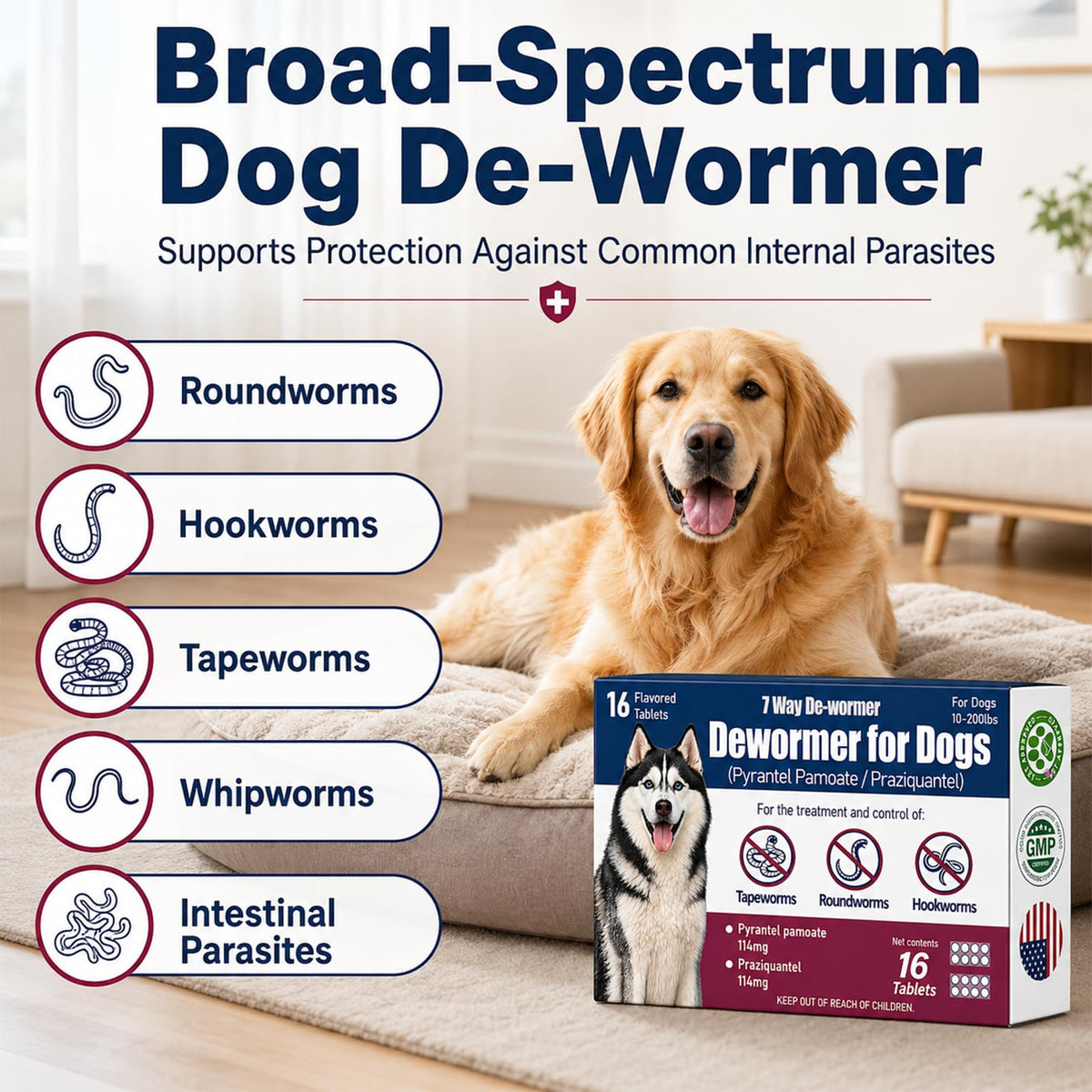 7-Way Dewormer for Dogs, Wormer for Tapeworms, Roundworms & Hookworms in Large Medium Dogs & Puppies (Over 10 lbs), with Praziquantel & Pyrantel Pamoate, 16 Tablets