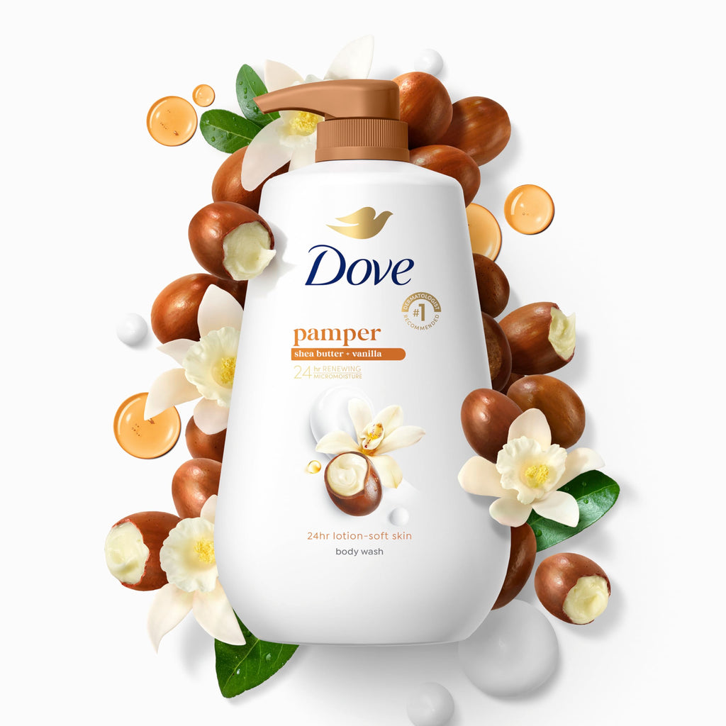 Dove Body Wash Pamper Shea Butter & Vanilla 30.6 oz Pump, Sulfate Free | Dove Shea Butter & Vanilla Body Wash nourishes skin for 24 hours with MicroMoisture technology and warm vanilla scent.