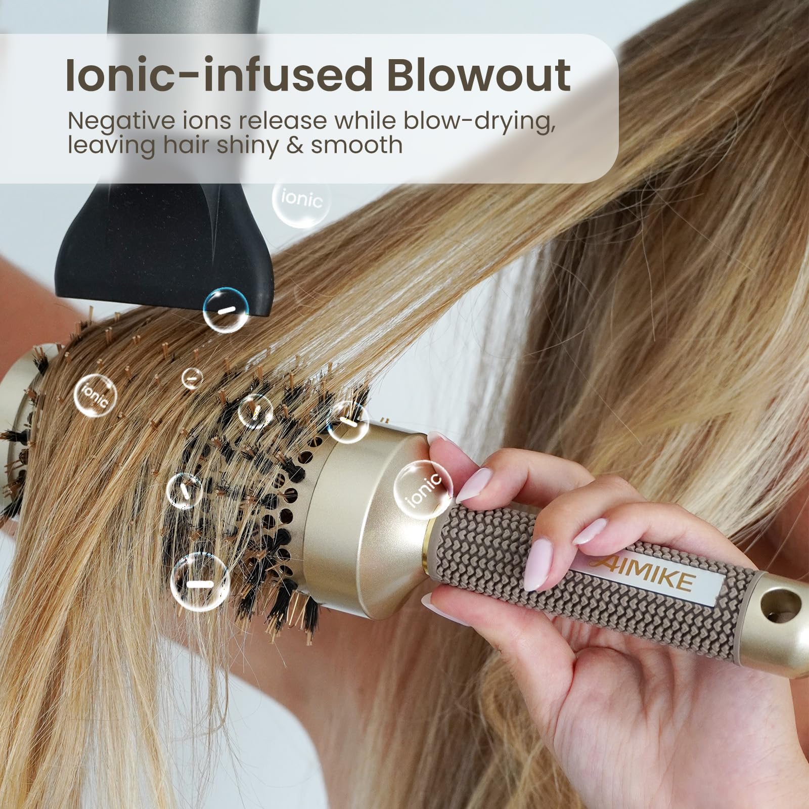 Buy now AIMIKE Round Hair Brush, Nano Thermal Ceramic & Ionic Tech, 2.1 Inch Barrel with Boar Bristles for Enhanced Texture, Golden, Hair Drying, Styling, Curling and Shine + 4 Free Clips at indiglob india
