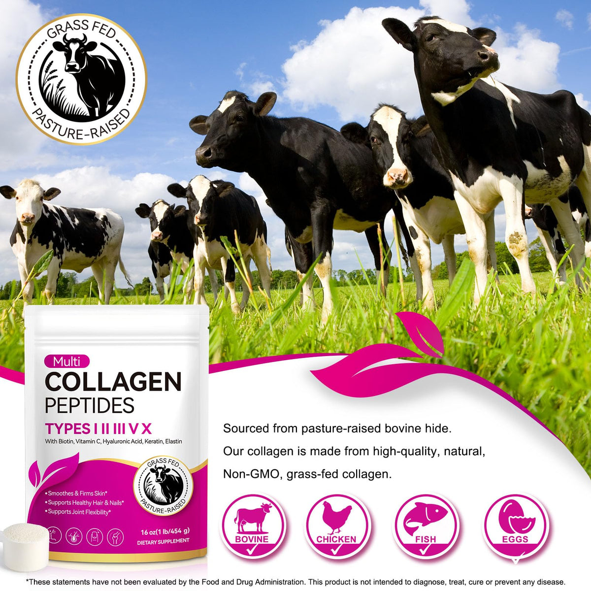 Multi Collagen Peptides Powder | Types I, II, III, V, X | 16 Oz (41 Servings) Hydrolyzed Collagen with Biotin, Vitamin Supports Healthy Skin, Joints, Hair, and Nails | Unflavored & Dissolves Easily