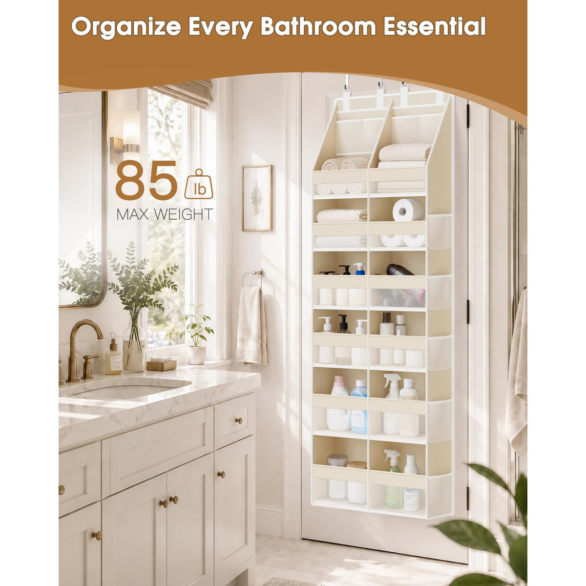 Criusia Over the Door Organizer, Extra Large 12 Compartments Closet Hanging Storage with 14 Mesh Pockets, 85lbs Capacity Behind the Door Storage for Baby Nursery, Bathroom, Bedroom, and Dorm, Beige